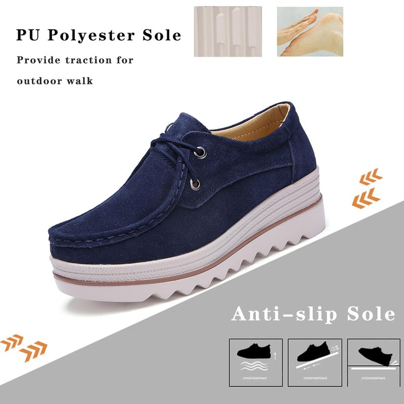 Ruiatoo Women Platform Lace Up Loafers Comfort Genuine Suede Wedge Shoes Low Top Moccasins (3089,Deep Blue 36) - Image 4
